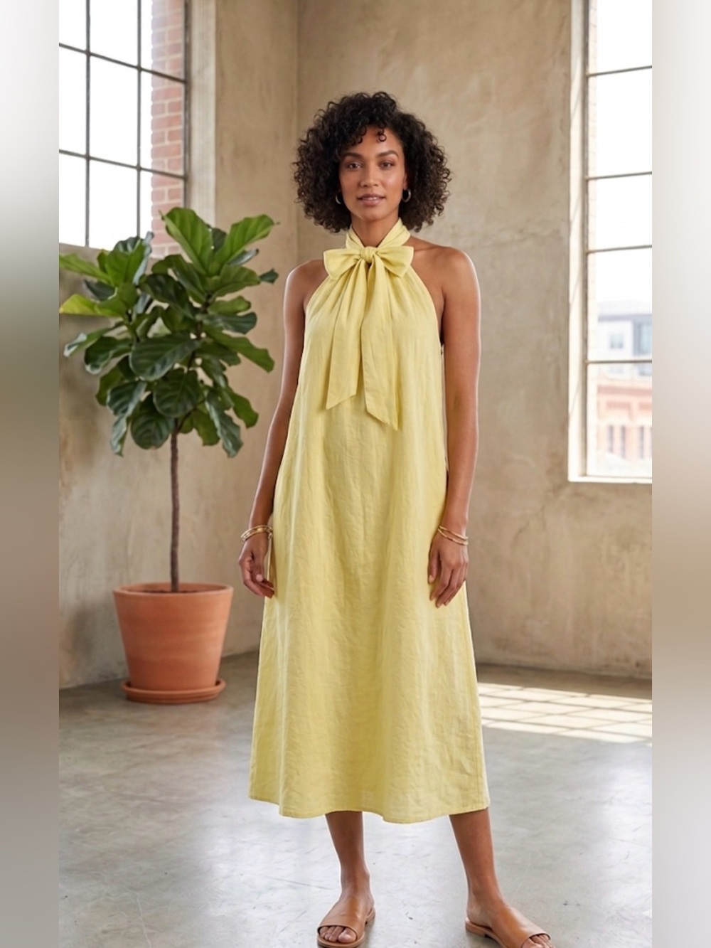 eshakti Lemon Halter Midi Dress